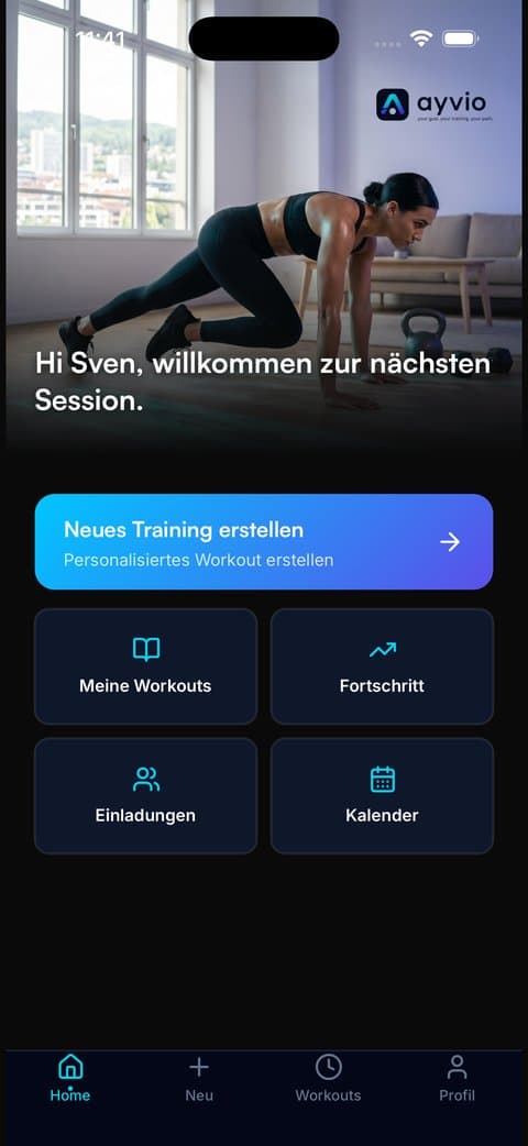 ayvio: Startseite mit Begrüßung und Zugang zu neuem Training, Workouts, Fortschritt, Einladungen und Kalender