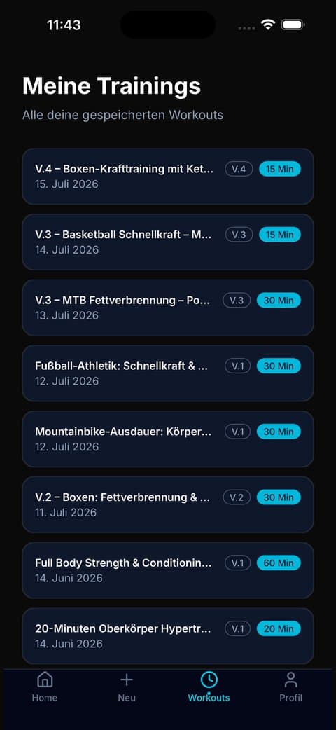 ayvio: Liste der gespeicherten Trainings