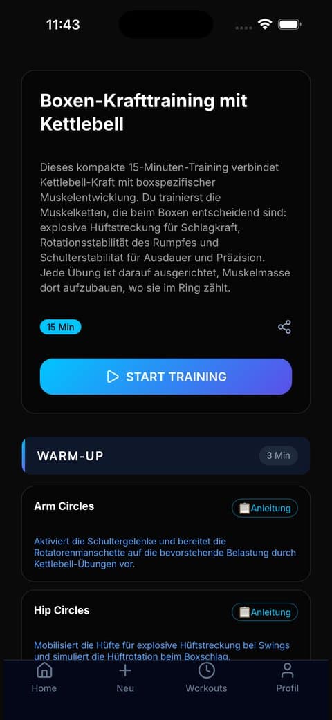 ayvio: Das erstellte Training mit Aufwärmen und Übungen