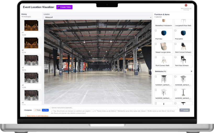 Location Designer: Frontend mit dem Foto einer leeren Halle und der Möbelauswahl
